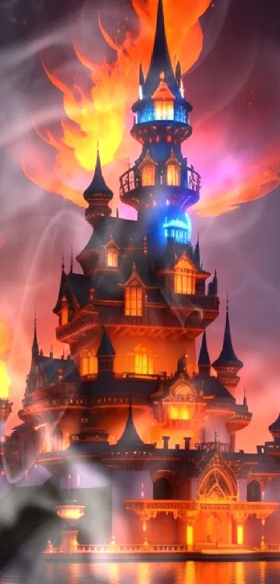 Fiery castle with glowing flames under a night sky, tranquil and magical ambiance.