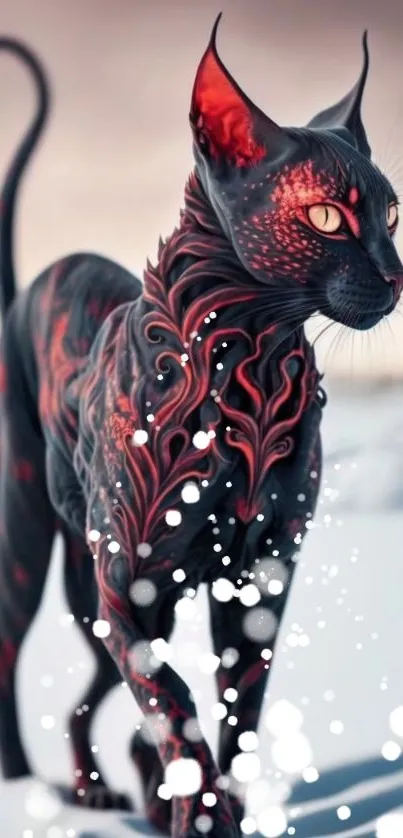 Mystical feline with fiery patterns on snow.