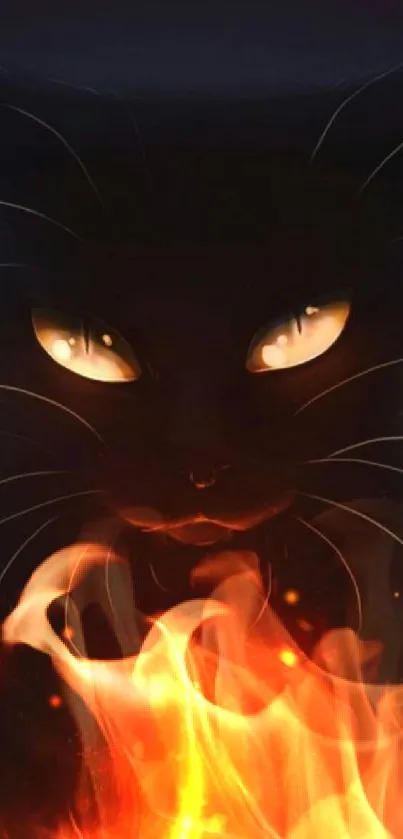 A mystical cat with fiery eyes on a dark wallpaper background.