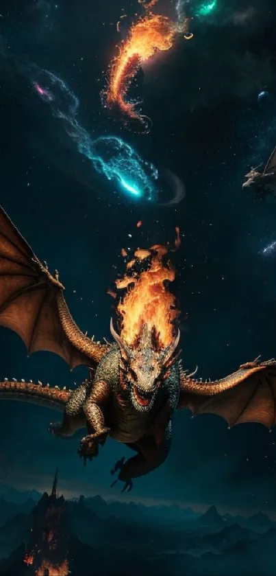 Epic dragon emitting fire in a starry galaxy background.