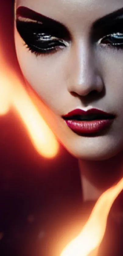 Mystical face with fiery elements, dark background, mobile wallpaper.