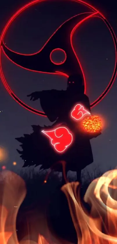 Ninja silhouette with fiery red aura and glowing symbols in dark setting.