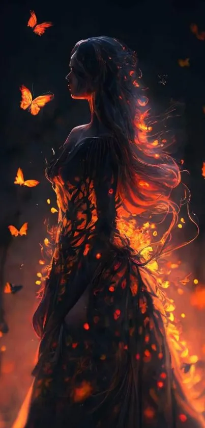 Mystical woman silhouette with fiery butterflies.