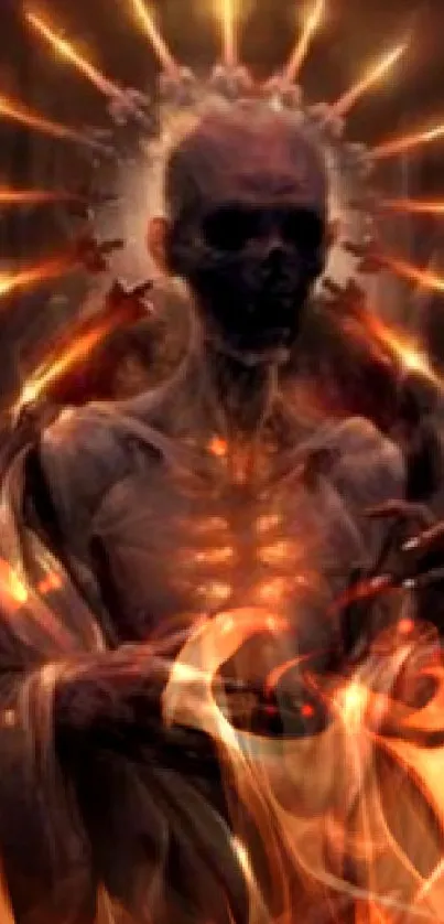 Fiery mystical skeleton with halo in stunning digital art.