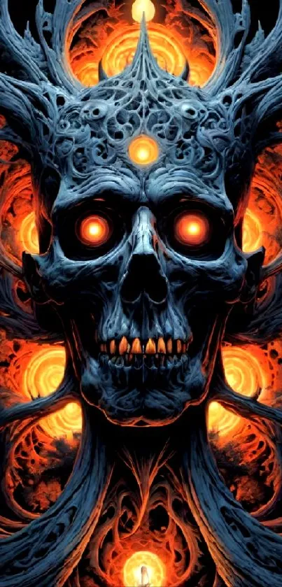 A mystical digital art skull with red eyes and a fiery background.