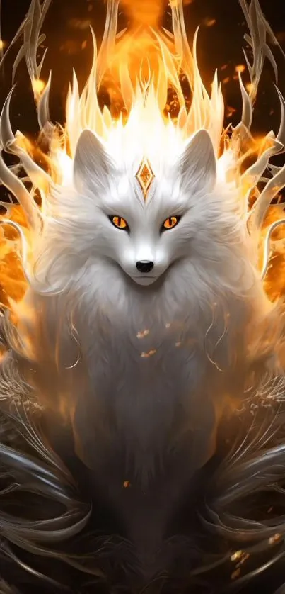 Mystical white fox with fiery backdrop.