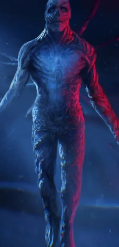 Mystical humanoid figure in blue and red hues, perfect for mobile wallpaper.