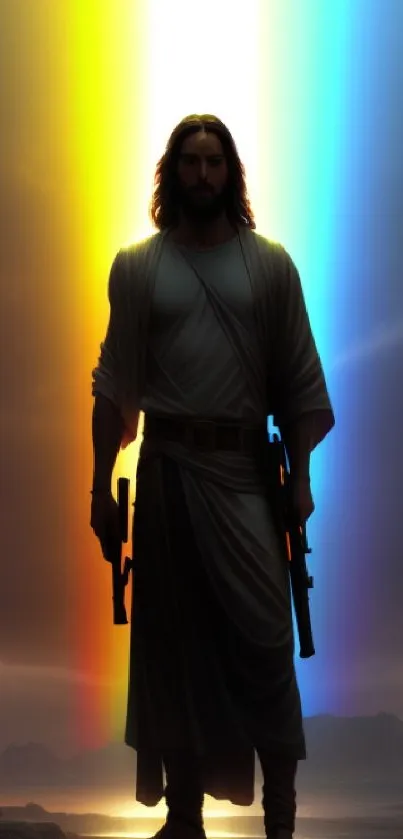 Figure stands in front of vibrant, multicolored beams of light.