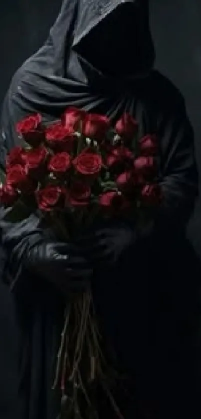 Hooded figure holding red roses on dark background.
