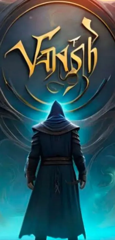 Hooded figure in front of mystical runes, emitting a soft blue glow.