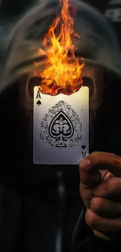 Mysterious figure holding a fiery Ace of Spades card.