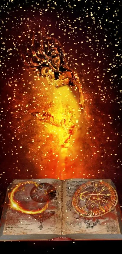 Fiery hand and magic book wallpaper with golden sparks.