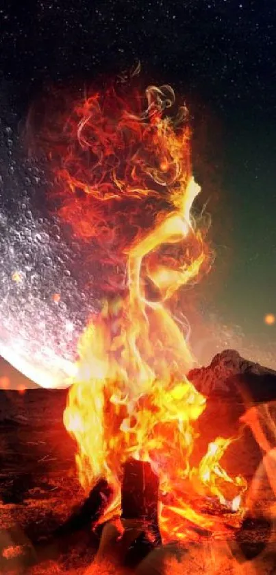 Enchanting fire beneath a glowing moon on a mystical night landscape.