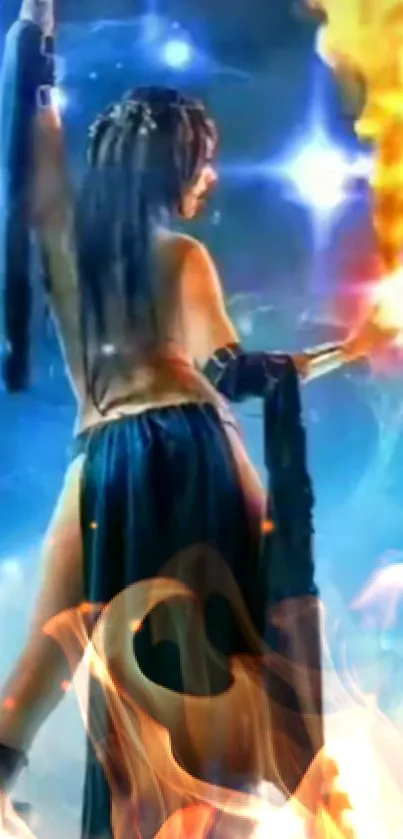 Mystical fire dancer with ethereal blue glow and flames, dynamic art.