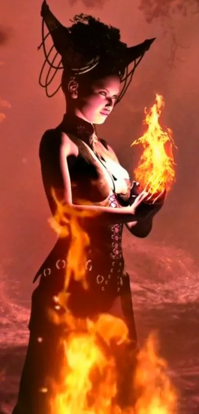 A mystical witch conjuring flames in a fantasy setting.