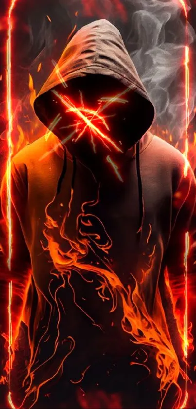 Hooded figure surrounded by flames on dark background.