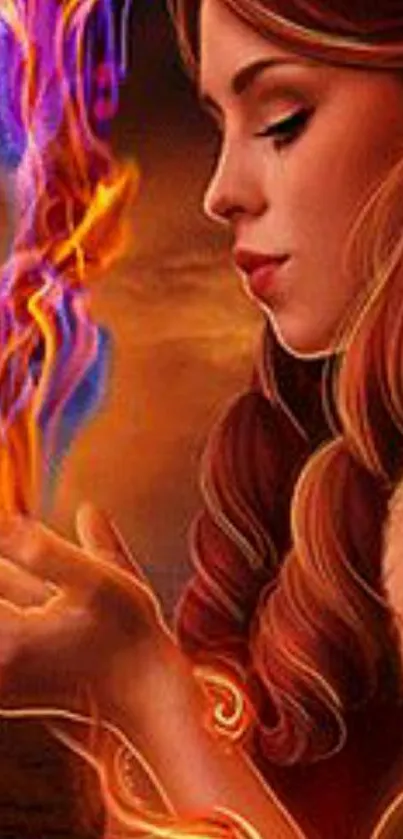 Mystical woman with fiery magic in dark orange tones.