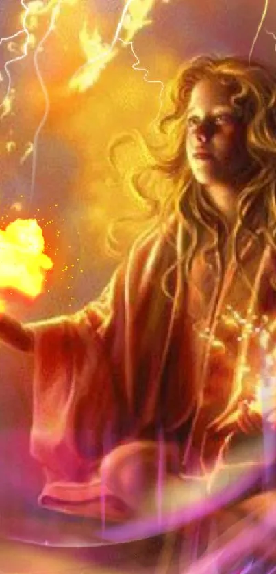 Mystical fire mage casting magical flames.