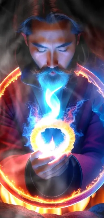 Wizard with glowing fire ring and mystical energy in vibrant colors.