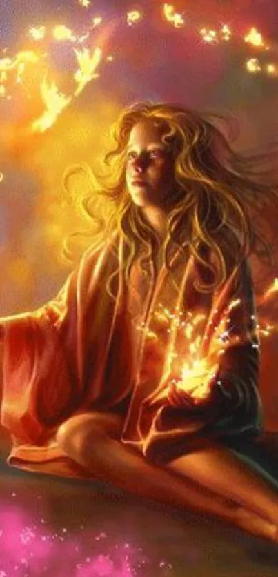 Mystical woman surrounded by fire magic on fantasy wallpaper.