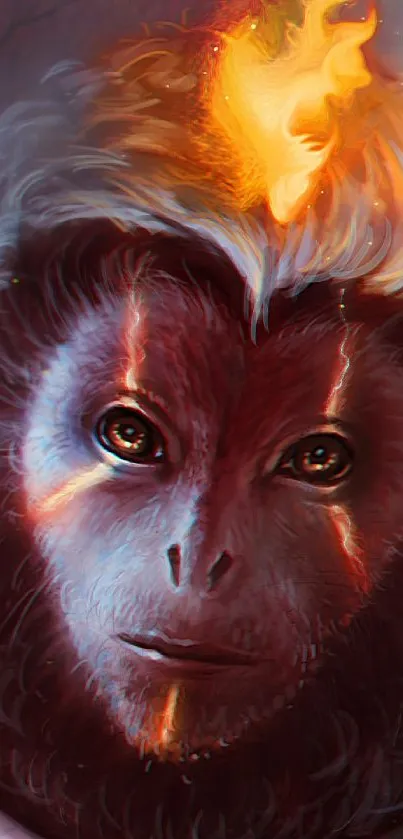 Mystical monkey with fiery crown in fantasy art wallpaper.