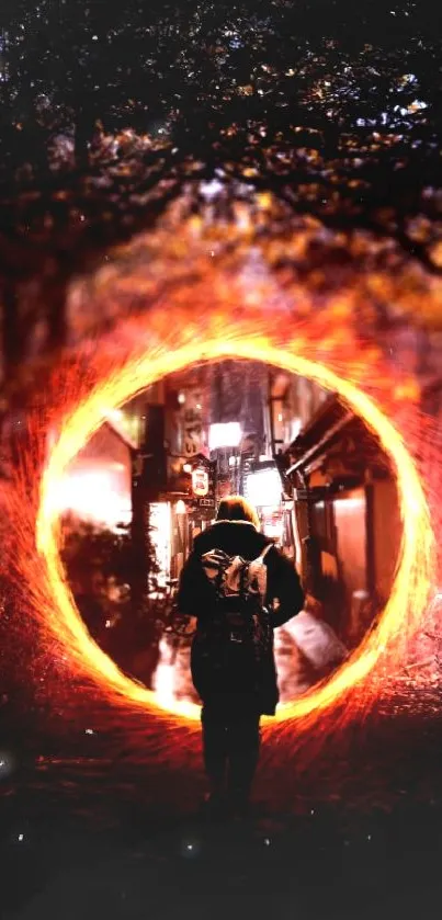 Person in a dark forest with a fiery glowing portal.