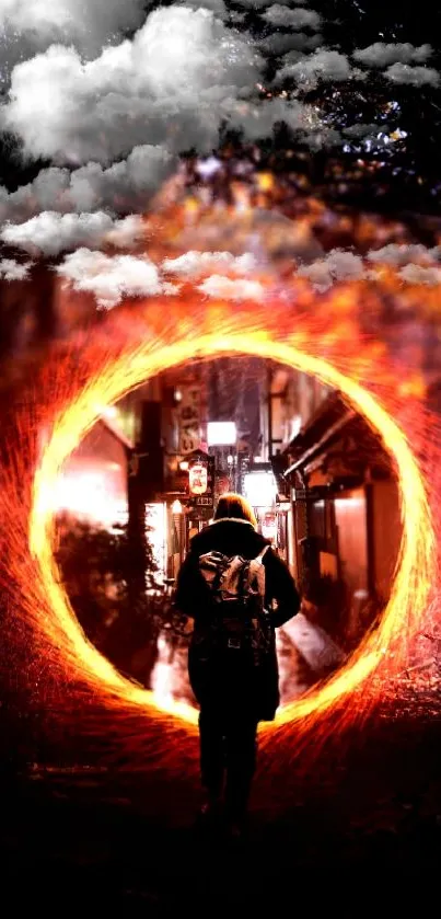 Person walking through fiery portal in mystical fantasy scene with clouds.