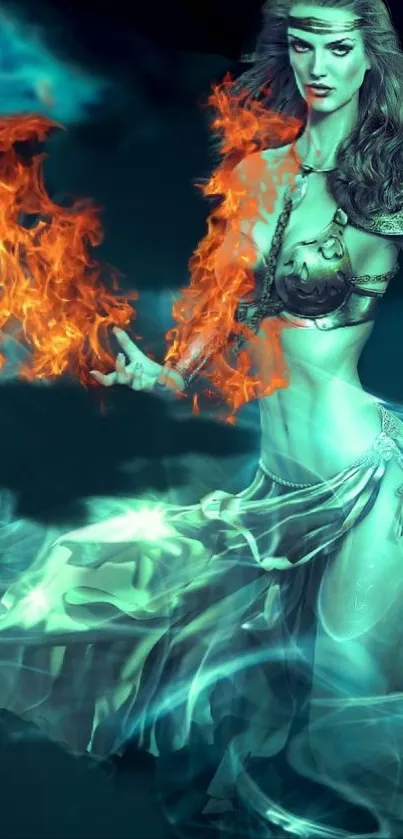 Mystical sorceress conjuring vibrant flames in a fantasy art mobile wallpaper.