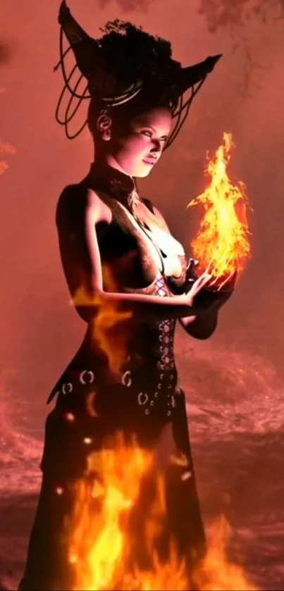 Mystical sorceress with flames in hands, set against an ethereal background.