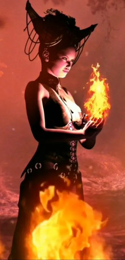 Mystical sorceress holding fire with orange flames.