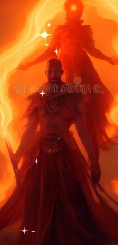 Fiery mystical warrior in dramatic setting.