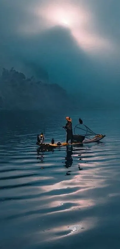 Serene fishing boat on calm waters at mystical dawn.