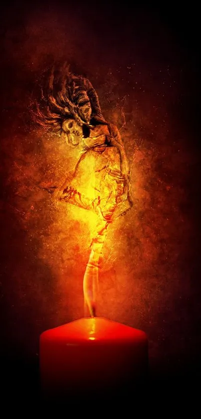 Mystical figure in flames above a candle on dark background.