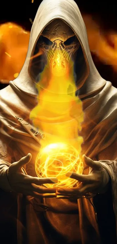 Hooded wizard conjuring a glowing flame orb in a mystical setting.