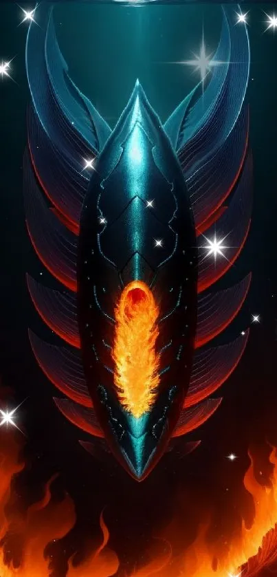 Abstract flaming feather wallpaper with teal and fiery hues.