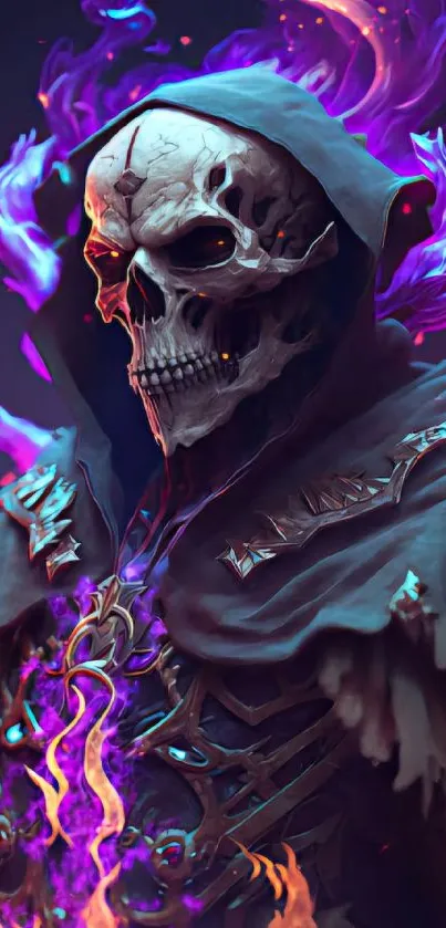 Eerie skeleton with a purple flaming cloak