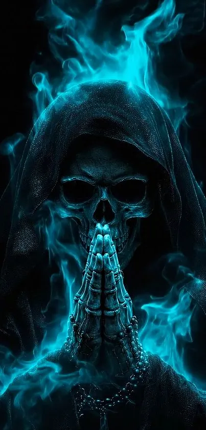 A hooded skull engulfed in mystical blue flames.