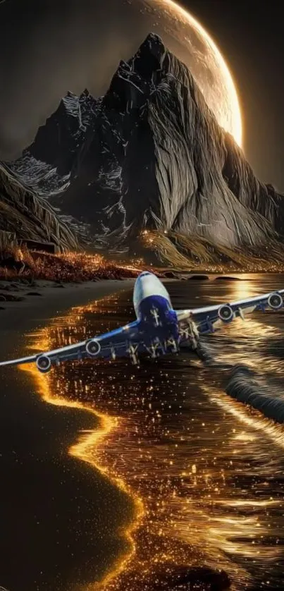 Airplane flies over a glowing shoreline with moonlit mountains.