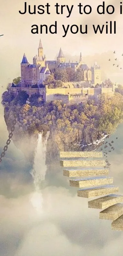 Floating castle with steps and motivational quote.