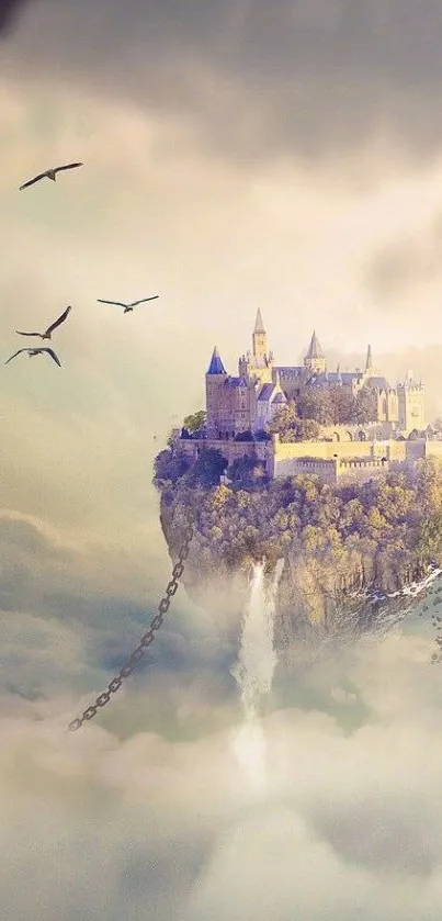 Floating castle in clouds with chains and birds in a mystical art setting.