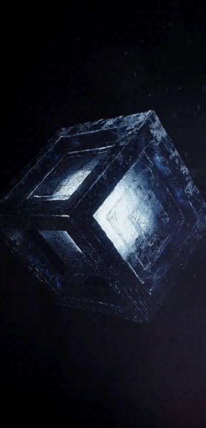 Illuminated cube floating in dark space wallpaper