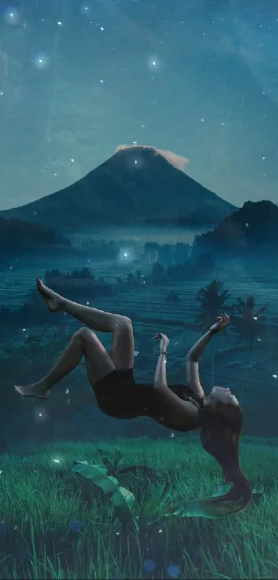 A mystical scene of a figure floating in a dreamlike mountain landscape.