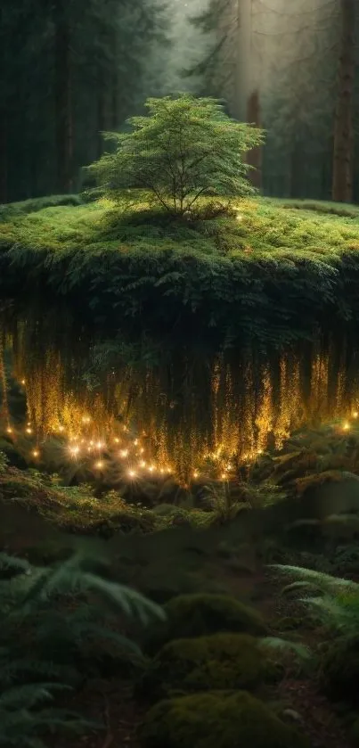 A floating forest island with glowing lights, creating a mystical and serene wallpaper.