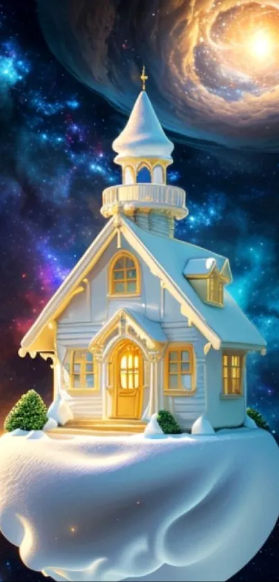 Floating mystical house with cosmic background.