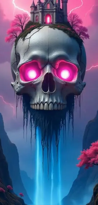 Mystical landscape with a floating skull and castle, glowing pink hues.