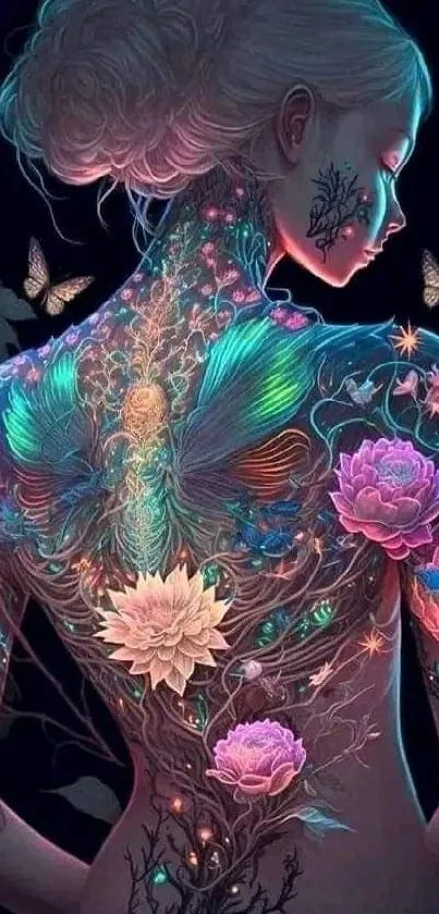 Mystical floral back art with colorful flowers and neon highlights.