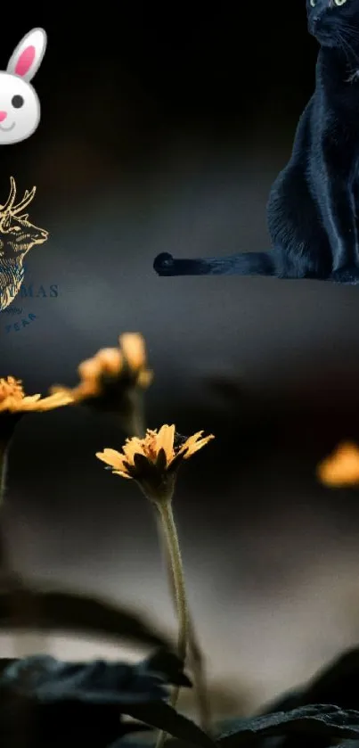 Black cat with yellow flowers mobile wallpaper with a mystical vibe.