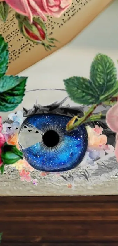 Mystical eye with floral design on mobile wallpaper.