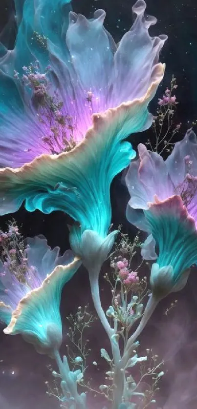 Mystical flowers with glowing turquoise and purple petals in fantasy art.