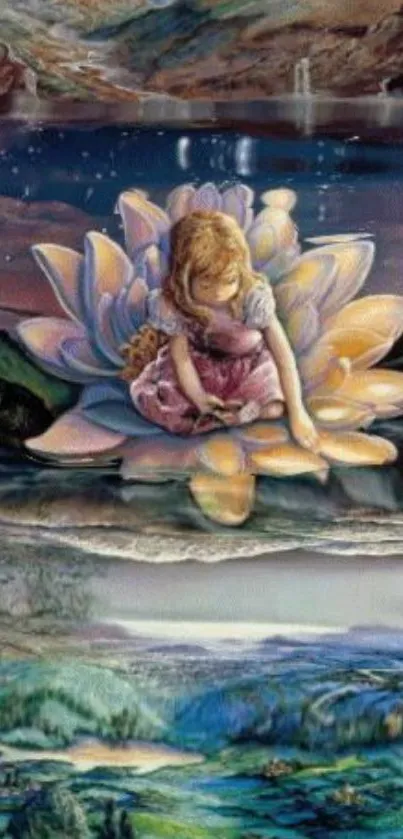 Young girl on lotus in mystical landscape art.